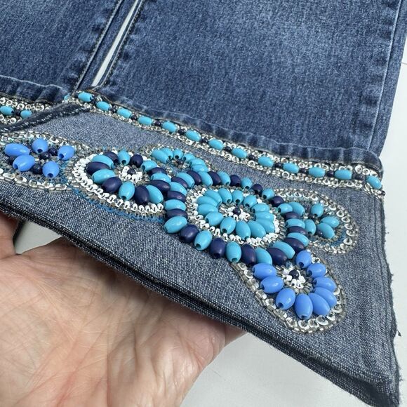 Diane Gilman DG2 Sz 10 Blue Heavy Beads Beaded Floral Design Jeans Stretch Cuff - Picture 4 of 6
